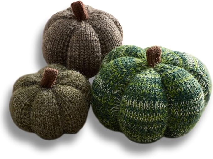 Your Heart's Content Set of 3 Cozy Mini Knit Pumpkins, Autumn Table Home décor, Fall Seasonal Gift idea, Green Accent Kitchen Decor (Juniper Multi-Size Set)