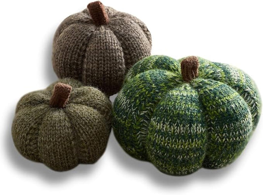 Your Heart's Content Set of 3 Cozy Mini Knit Pumpkins, Autumn Table Home décor, Fall Seasonal Gift idea, Green Accent Kitchen Decor (Juniper Multi-Size Set)