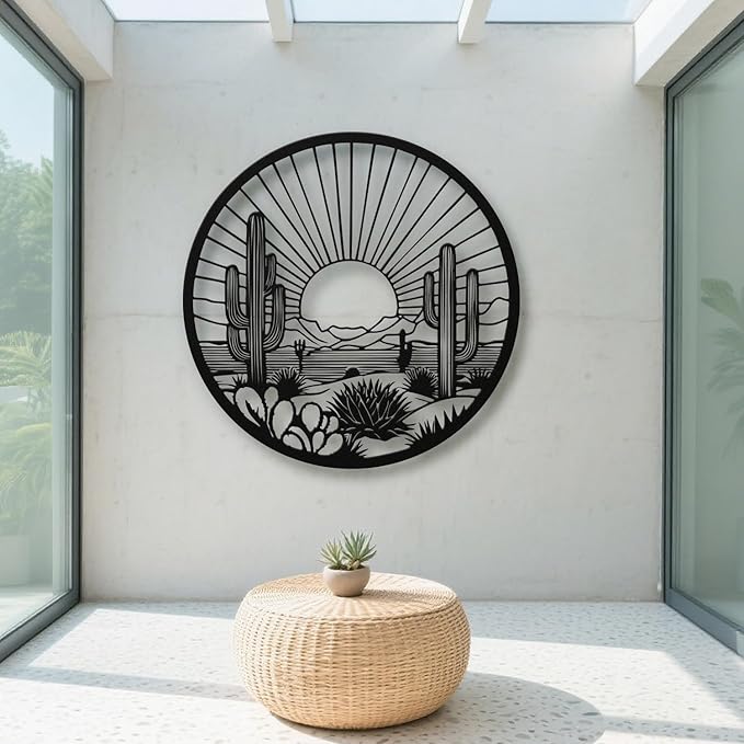 Desert Cactus Metal Wall Art, Round Desert Wall Decor with Cactus and Sunset Design, Metal Wall Art for Living Room Bedroom Entryway, Western Outdoor Cactus Decor (White, 28" x 28" / 70 x 70 cm)