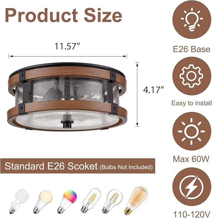 Farmhouse Ceiling Light Fixture 2-Light Hallway Ceiling Light in Black & Rustic Wood Grain Finish with Clear Seeded Glass Shade