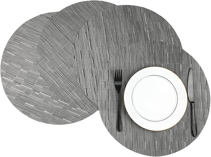 WAZAIGUR Round Placemats Set of 4 Woven Vinyl Easy to Clean Heat Resistant Kitchen Table Mats 15 Inch(Silver Grey 4)