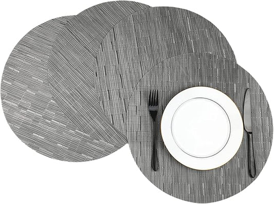 WAZAIGUR Round Placemats Set of 4 Woven Vinyl Easy to Clean Heat Resistant Kitchen Table Mats 15 Inch(Silver Grey 4)