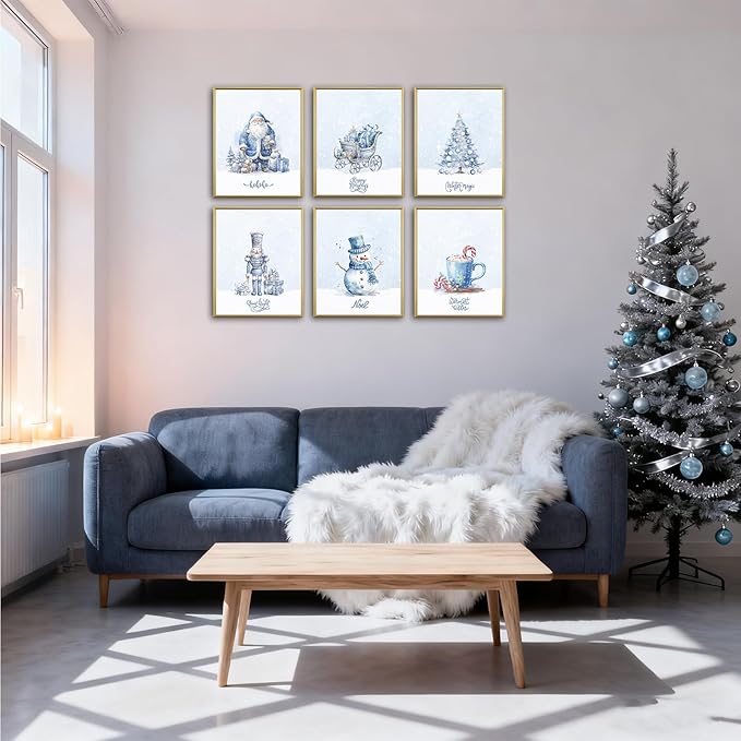 WINDVALE Blue Christmas Wall Art Prints – Nordic Holiday Posters with Santa, Snowman, Nutcracker & Tree – Cozy Winter Farmhouse Decor for Living Room or Fireplace (8x10 Unframed)