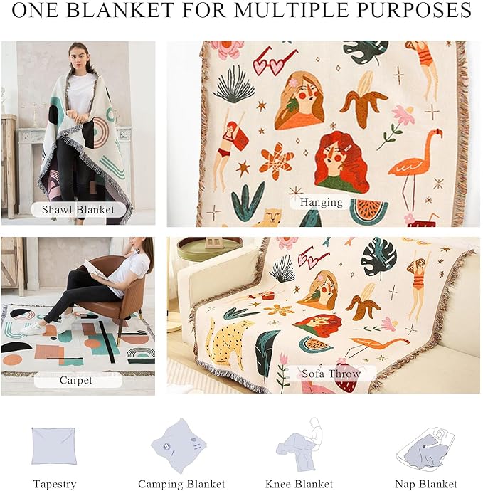 Double-Sided Cotton Woven Throw Blanket with Tassel Jungle Bohemian Style Tapestry Shawl Multi-Function Decorative Throws for Sofa Bed Armchair Camping Blanket Tablecloth Carpet 160x130cm