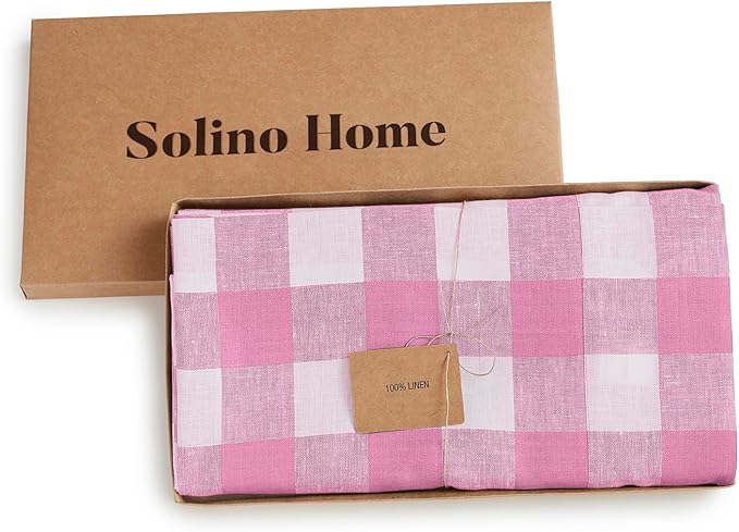 Solino Home Linen Checkered Tablecloth 60 x 120 Inch - 100% Pure Linen Pink Begonia Buffalo Plaid Table Cloth for Rectangle Tables - Machine Washable Tablecloth