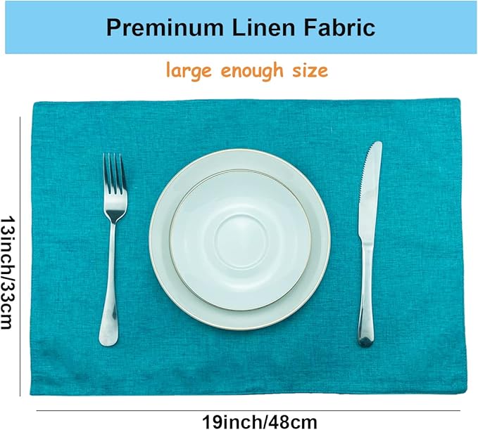 Weabetfu Cloth Placemats Set of 8 Heat Resistant Dining Table Placemmats Cotton Linen Machine Washable Kitchen Table Mats Wrinkle Free Thick Fabric Place Mat,Easy to Clean,13"x19" Teal