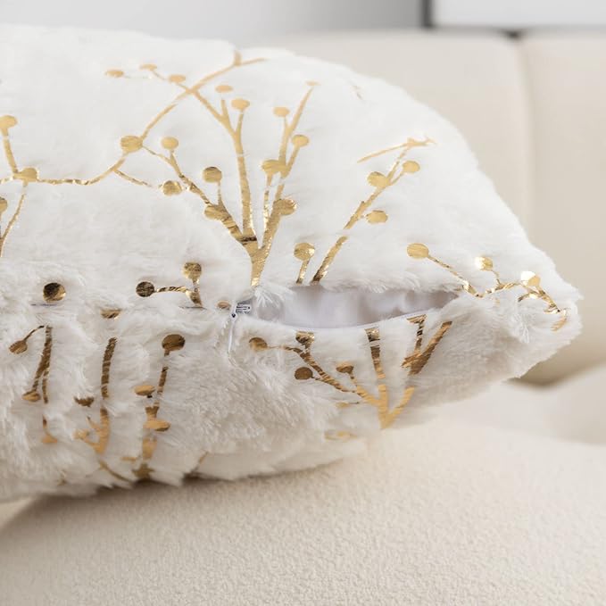 LIGICKY Set of 2 Fluffy White Faux Fur Pillow Covers Gold Branches Glitter Throw Pillows Decorative Soft Furry Sparkling Square Cushion Cases for Sofa Bedroom Party Décor 16x16inch（Double Sided Fur