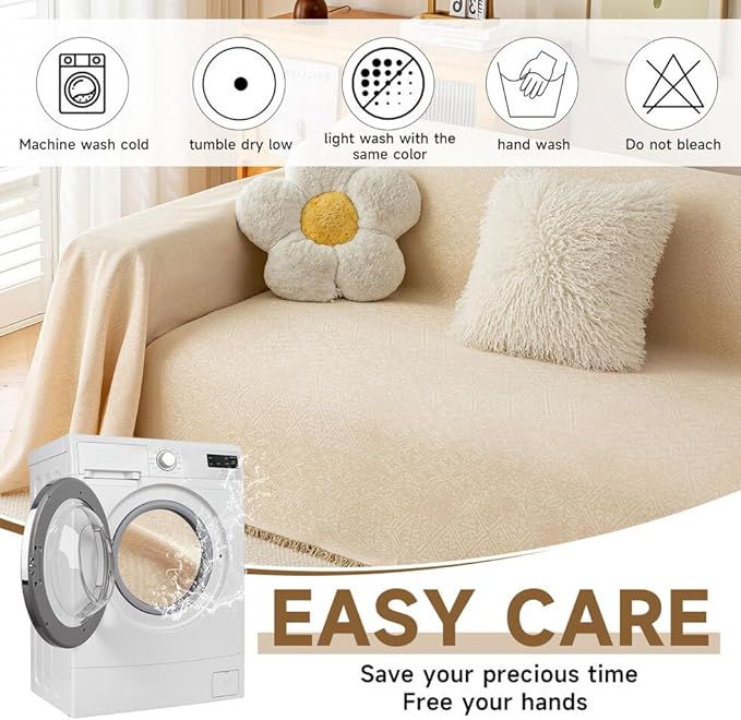 ROOMLIFE Boho Beige Couch Cover for Dogs, Washable Non Slip Furniture Protector Couch Sofa Covers for 3 Cushion Couch, Soft Breathable Sofa Slipcovers Couch Cover Throw Blanket with Tassels71''X150''