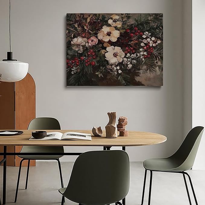 Moody Christmas Floral Academia Art Prints,Christmas Cottagecore Fireplace Decor,Vintage Winter Flower Print,Dark Moody Winter Floral Bouquet Painting
