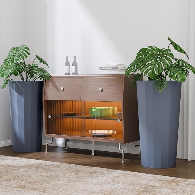 2PCS Tall Planters for Outdoor Plants, 23.6 Inches Large Outdoor Conical Flower Pots for Porch with Drainage Holes and Drainage Baffle, Tapered Large Planters for Garden, Balcony Use, Grey