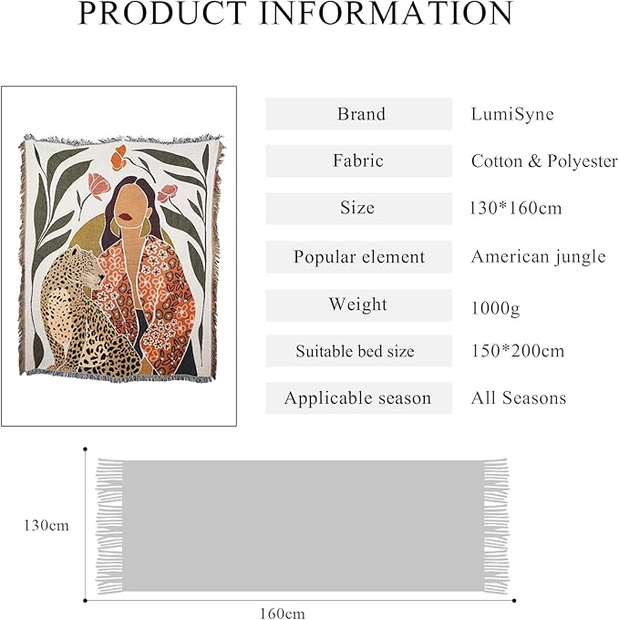 Double-Sided Cotton Woven Throw Blanket with Tassel Jungle Bohemian Style Tapestry Shawl Multi-Function Decorative Throws for Sofa Bed Armchair Camping Blanket Tablecloth Carpet 160x130cm