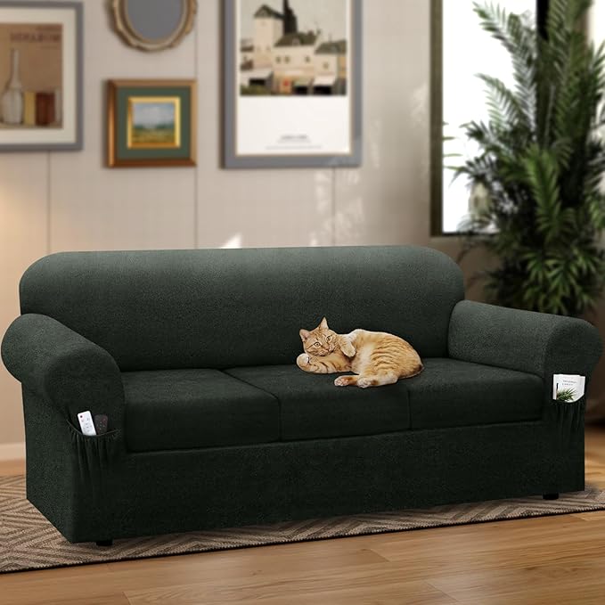 Sofa Slipcover with Armrest Pockets 4-Piece Set, Stretch Faux Leather Extra Large Couch Covers for 3-Cushion Couches(Fits 98-112") - Machine Washable, Pet & Kid Friendly - Military Green