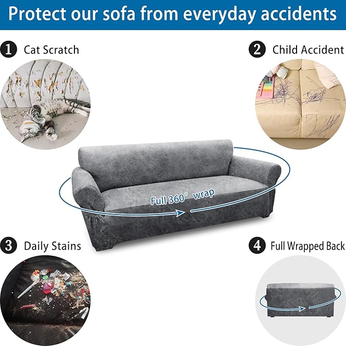 Couch Cover Leather Look 3 Seater Couch Sofa Cover 1-Piece Sofa Slipcover Stretch Furniture Protector with Elastic Bottom & Pockets(Sofa, Light Grey)