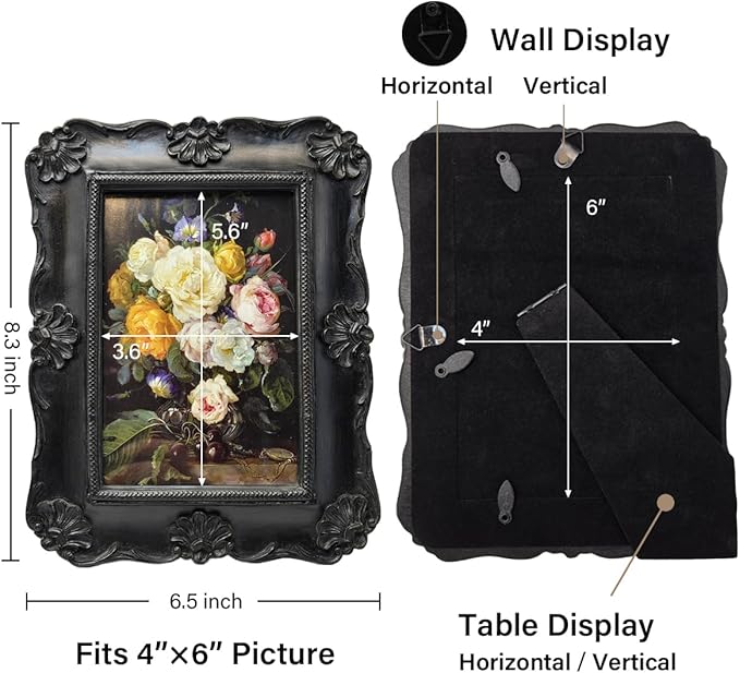 SYLVIA'S SHOP 4x6 Vintage Picture Frame, Antique Black Ornate Photo Frame, for Tabletop and Wall Display, Decorative Floral Design Retro Home Decor, Photo Gallery Art