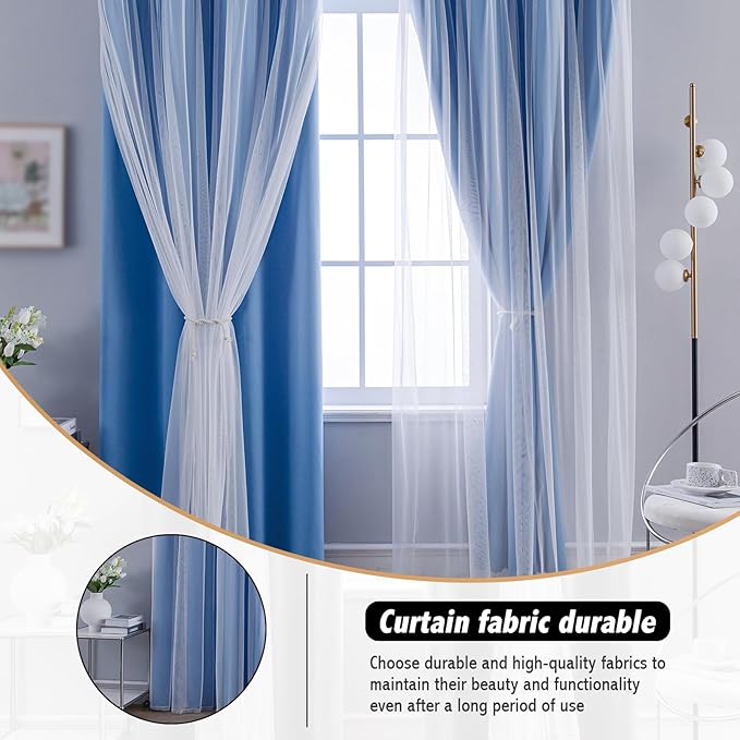 Anytime Home Curtains Blackout and Sheer Layered Solid Window Curtain Panel Pair with Grommet Top, 52Wx84L, Blue