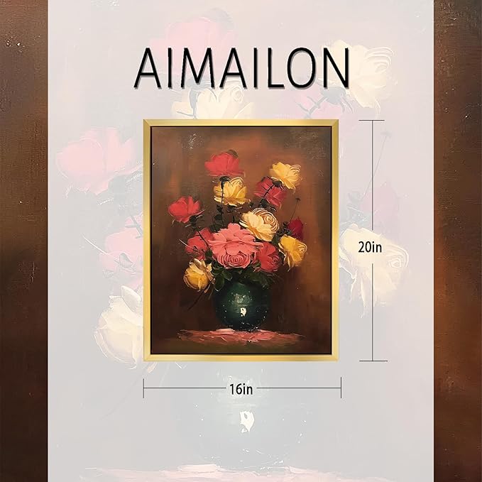 AIMAILON Vintage Gold Canvas Wall Art Framed Decor for Living Room Kitchen Classical Still Life Three Color Rose Artwork Warm Moody Botanical Aesthetic Picture Home Decoration 16x20