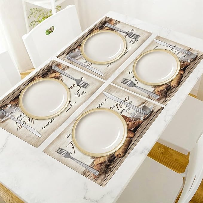 Coffee Placemat Set of 4, 12x18 Inch Rustic Bless The Food Before Us Bread Coffee Theme Farmhouse Washable Heat Resistant Table Mats for Outdoor Farmhouse Kitchen Dining Decor
