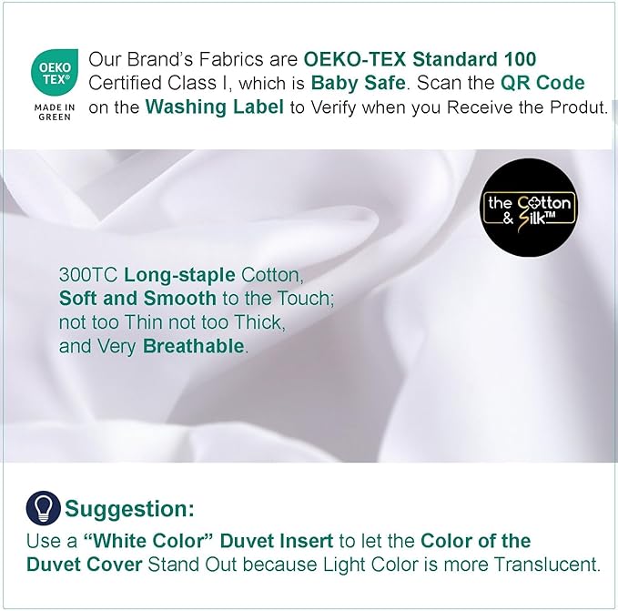 THE COTTON & SILK®️ 100% Luxury Long-Staple Cotton Duvet Cover Set - Soft & Breathable - Include 1 Duvet Cover with Corner Ties & Hidden Zipper, 2 Pillow Shams - White, Queen Size