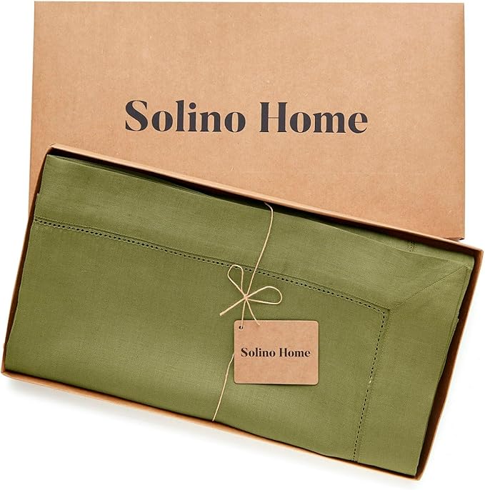 Solino Home Linen Avocado Green Tablecloth 60 x 108 Inch - Classic Hemstitch, 100% Pure Linen Rectangular Tablecloth - Machine Washable Table Cloth for Fall, Autumn, Thanksgiving, Winter