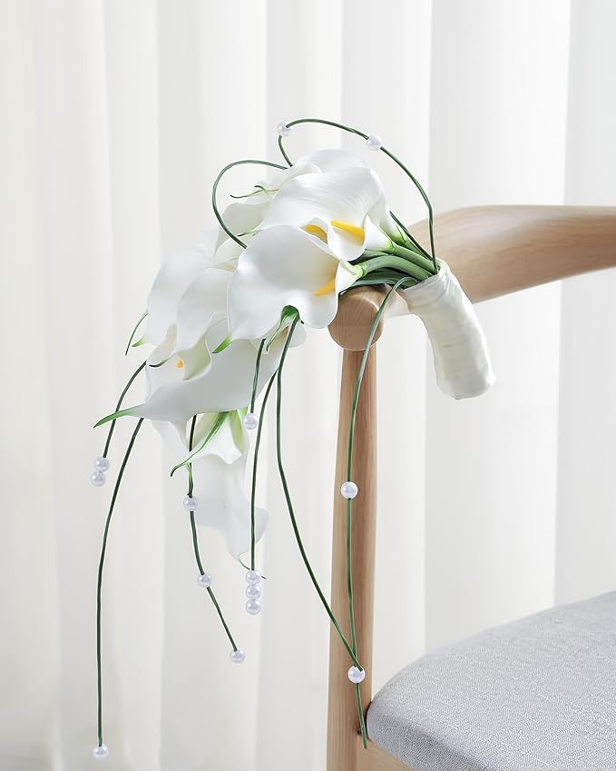 Bridal Bouquet:9 Stems White Calla Lily Pearl Bouquet EVA Real Touch-Wedding Bouquet for Bride/Bridesmaid