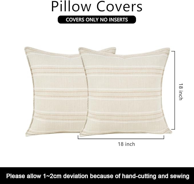 18X18 Decorative Farmhouse Linen Throw Pillow Covers, Boho Textured Pillow Case Set of 2 ,Beige with White & Brown Stitch Yarn Dyed Stripe Cushion Cover ,Modern Accent Square Pillowcase for Sofa Couch