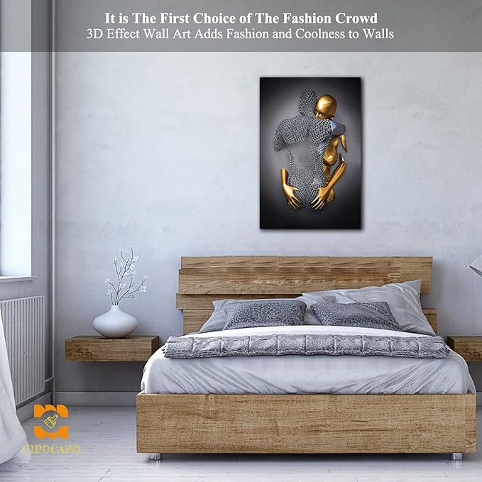 3D Metal Effect Wall Art - 3D Metal Canvas Art, 3D Metal Canvas Art 3D Canvas Art Wall Decor for Modern Living Room, Framed Romantic Couple Living Room Canvas Wall Art 18”x24”x1Pcs