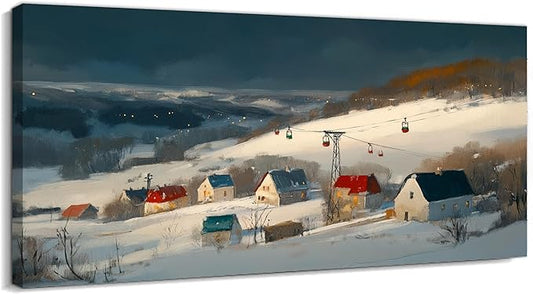 GUTTATY Christmas Winter Scene Canvas Wall Art, Snowy Village Pictures, Cable Car Canvas Prints, Nordic Landscape Painting, Cozy Holiday Wall Decor Poster for Living Room, Bedroom, Office, 16x8 Inch