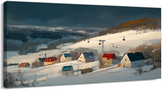 GUTTATY Christmas Winter Scene Canvas Wall Art, Snowy Village Pictures, Cable Car Canvas Prints, Nordic Landscape Painting, Cozy Holiday Wall Decor Poster for Living Room, Bedroom, Office, 60x30 Inch