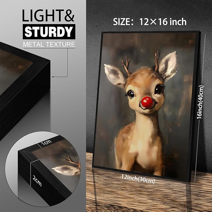 Christmas Reindeer Wall Art Winter Cute Whimsical Animal Canvas Poster 12x16 inch Black Framed Vintage Red Nose Deer Painting Prints for Rustic Living Room Bedroom Wall Decor