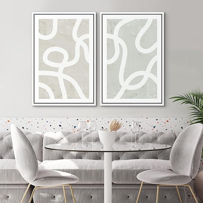 SIGNWIN Framed Canvas Print Wall Art Set Pastel White Swirl Pattern Collage Abstract Shapes Illustrations Modern Art Minimal Boho Relax/Calm for Living Room, Bedroom, Office - 24"x36"x2 White