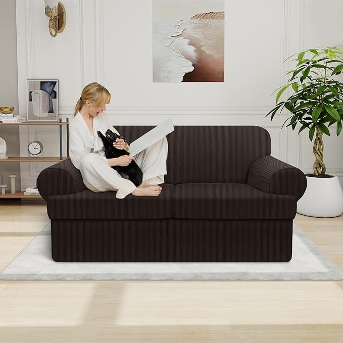 Waterproof Loveseat Cover 3-Piece Set Striped Slipcover for 2 Separate T Cushion Couch - TPU Fabric 2-Seater Sofa Covers Leakproof Couch Protector for Kids, Pets(Loveseat, Coffee)