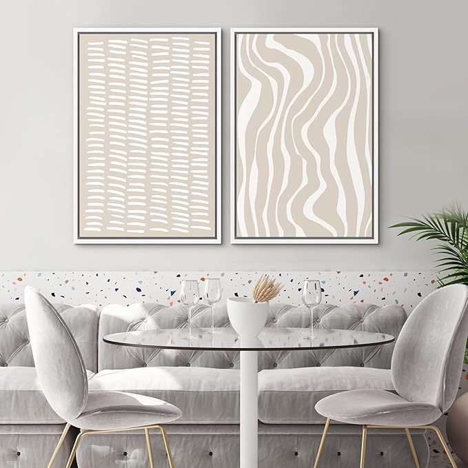 SIGNWIN Framed Canvas Print Wall Art Set Tan White Geometric Stripe Collage Abstract Shapes Cozy Neutral Modern Art Minimal Boho Relax/Calm for Living Room, Bedroom, Office - 24"x36"x2 White