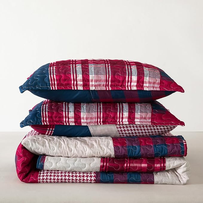 DURLENGEN White Quilt Set 3Pcs, Rustic Stonehurst Collection with Red & Navy & White Patchwork Pattern, All Season Lightweight Coverlet Sets(California King 112x104, Red Patchwork)