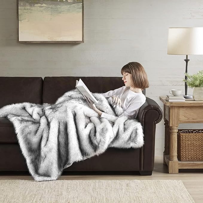 Hyde Lane Ultra Long Pile Faux Fur Throw Blanket, Luxury Fluffy with Black Tipped Blankets for Home Decor, Fuzzy Plush Animal Wolf Color Throws As a for Women, Direwolf, 60x80