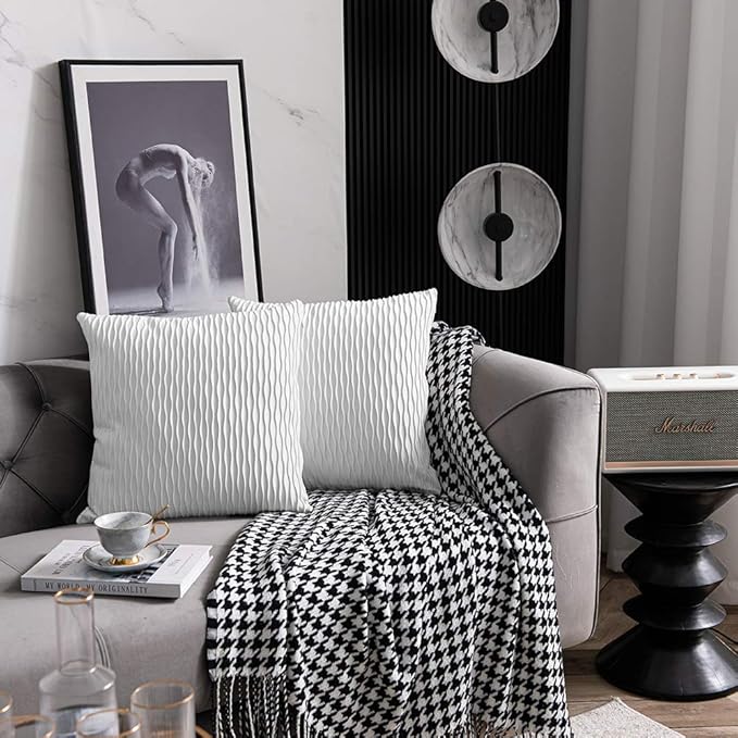 White Striped Couch Pillow Cases: 2 Pack 16x16 Inch Original Velvet Square Throw Pillow Covers for Farmhouse Home Decor