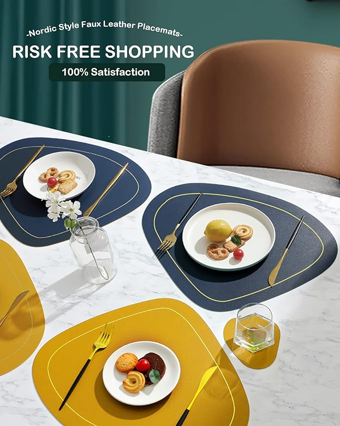 4 Pack Faux Leather Placemats Set,Round PU Dinning Table Mats,Wipeable Easy to Clean Stain Resistant Heat Resistant Waterproof Place Mats Durable Plate Mats for Table Nordic Style(Blue&Yellow)
