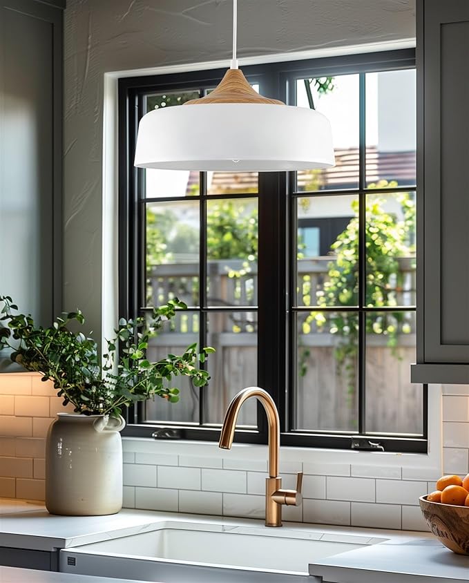 Kira Home Riley 16" Retro Modern Pendant Light + White Metal Shade, Adjustable Hanging Height, Wood Finish Accent