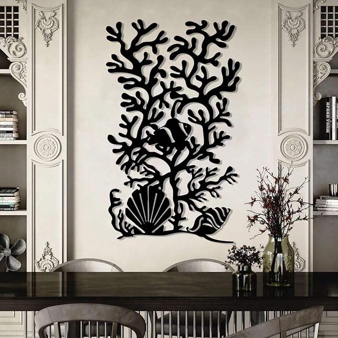 Metal Coral Reef Wall Decor, Coral Reef with Clownfish & Seashells Metal Wall Art, Sea Life Wall Art, Nautical Coastal Wall Decor, Ocean Wall Hanging for Bathroom (Black, 48"x28"/121x72cm)