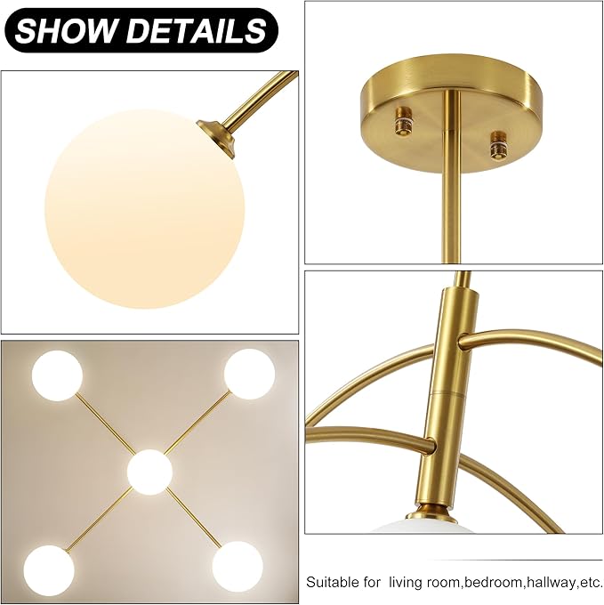 5-Light Gold Sputnik Chandelier for Dining Room Mid Century Modern Light Fixture with Milk Glass Globes, Adjustable Hanging Contemporary Pendant Lighting for Kitchen Bedroom Living Room