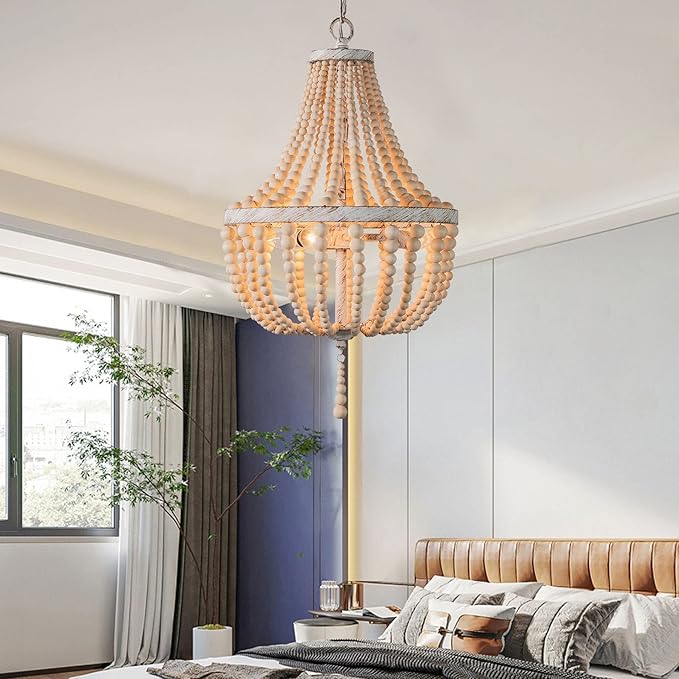 3-Lights Wood Bead Chandelier Boho Light Fixture,Antique Rustic Metal White Oak Beaded Chandelier Kitchen Island Pendant Lighting for Dining Room,Bedroom,Entryway,Foyer