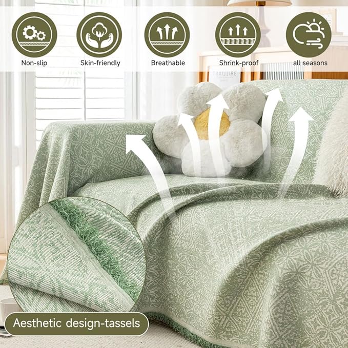 ROOMLIFE Green Sofa Cover, Vintage Boho Couch Cover for 3 Cushion Sofa, Soft Breathable Sofa Cover for Dog, Washable Furniture Sofa Protector Cover Blanket with Tassel for Living Room, 71 '' X 134''