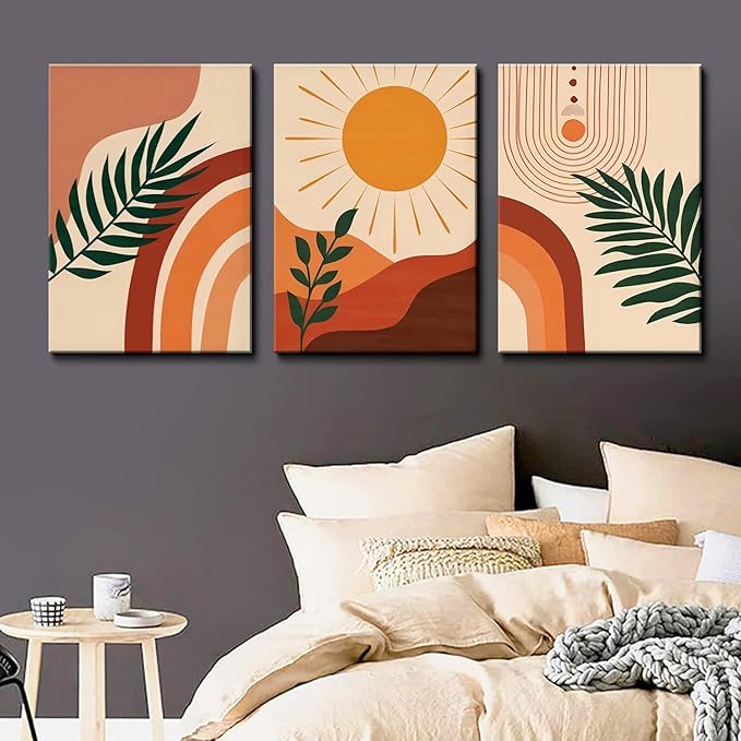 3pcs Framed Boho Wall Art Mid Century Modern Wall Decor Botanical Geometric Abstract Neutral Canvas Sun Mountain Posters Prints Orange Minimalist Artwork Ready To Hang for Living Room Bathroom Bedroom