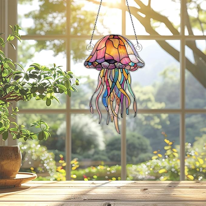 Jellyfish Ornaments Decor for Window Hanging, Jellyfish Lover Gifts for Women Men, Sea Animal Home Wall Room Decorations, Christmas 2D Flat Acrylic Ornamnet