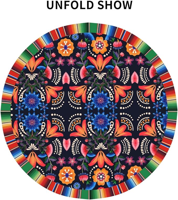 Mexican Round Tablecloth, Traditional Floral Tile Dia De Los Muertos Azulejo Mosaic Mexico Water Resisitant Table Cover for Dining Kitchen Living Room Home Party Holiday Decor 60 inch Round