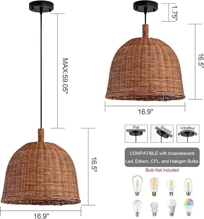 Farmhouse Rattan Pendant Light, 13.8IN Rustic Weaving Wicker Dining Room Light, Boho Ceiling Chandelier Bracket Hanging Lamp Fixture for Living Room Bedroom Kitchen Island Entry Hallway