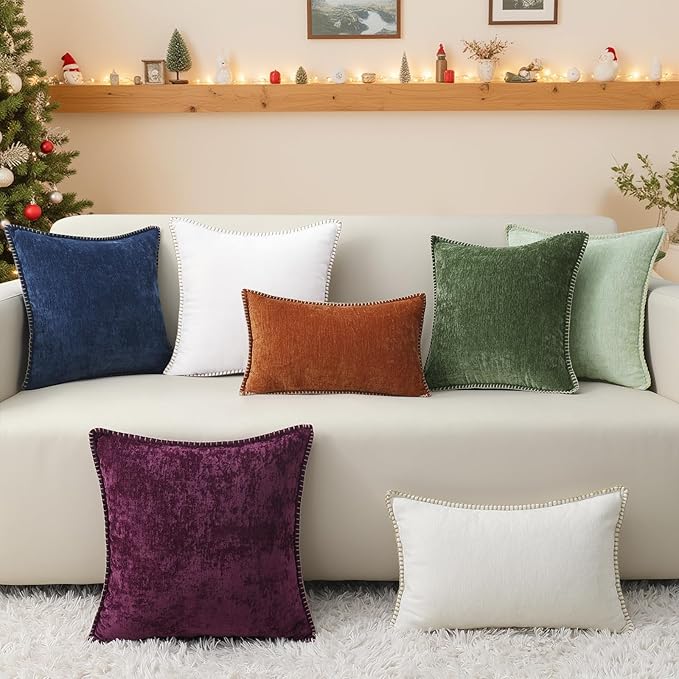 decorUhome Christmas Chenille Soft Throw Pillow Covers 20x20 Set of 2, Farmhouse Velvet Neutral Decorative Euro Fall Pillow Covers with Stitched Edge for Couch Sofa Bed Home Decor, Forest Elf