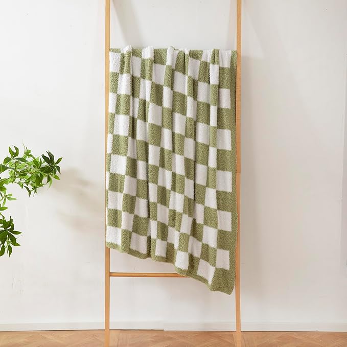 YIRUIO Throw Blanket Checkered Chessboard Fluffy Fuzzy Warmer Comfort Reversible Super Soft Cozy for Home Decor Bed Couch Sofa Living Room (Sage Green, 51''x63'')