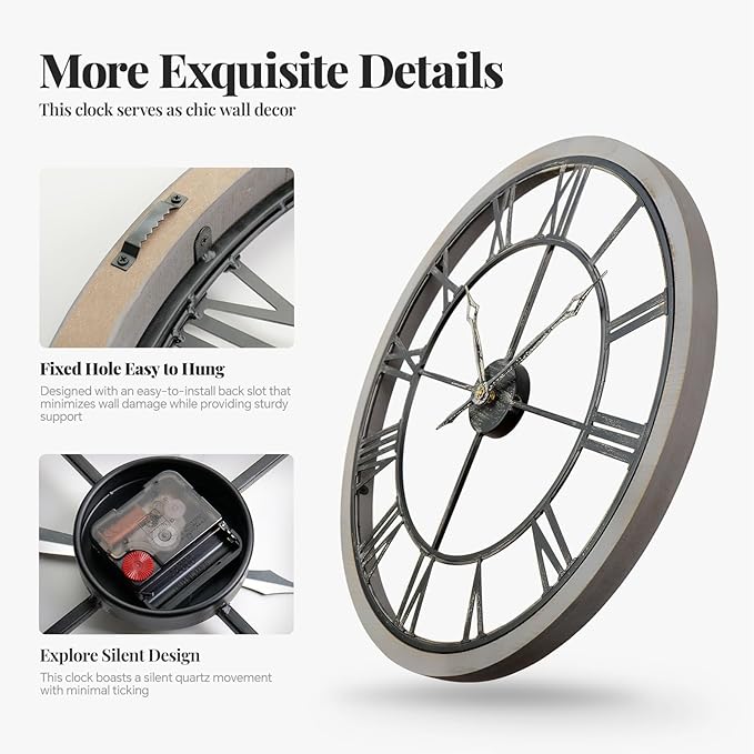 Extra Large Wall Clock 36 Inch, Wood Metal Decorative Wall Clocks for Living Room, Non-Ticking Silent Battery Operated Farmhouse Clock Roman Numerals for Kitchen, Study, Office