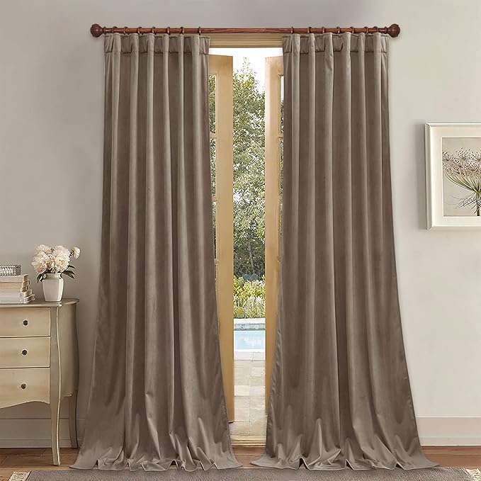 StangH Luxury Velvet Curtains 108 inches for Living Room, Super Soft Thick Drapes for Thermal Insulated Light Blocking, Sliding Door Curtains for Office, Taupe, W52 x L108, 2 Panels