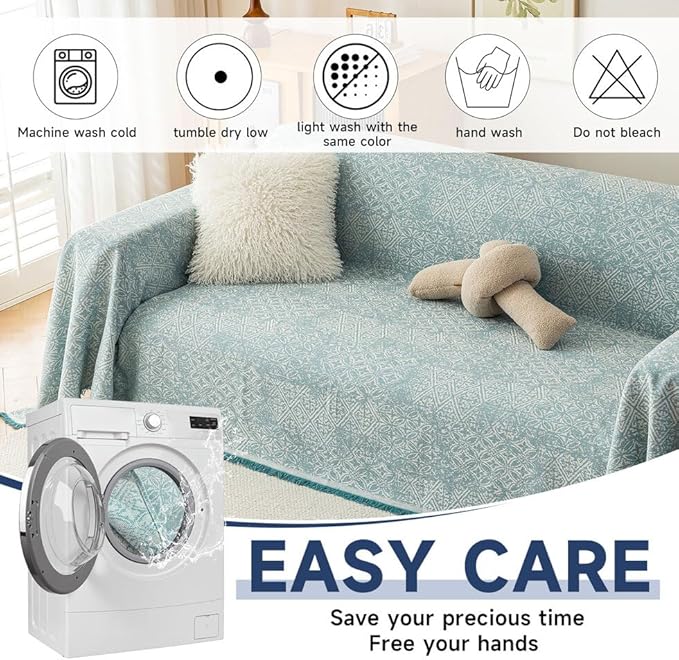 ROOMLIFE Blue Couch Cover Boho Sofa Covers for 3 Cushion Couch Washable, Furniture Protector Sofa Couch Cover for Dogs, Soft Breathable Sofa Slipcover, Couch Throw Blankets with Tassels 71''X134''